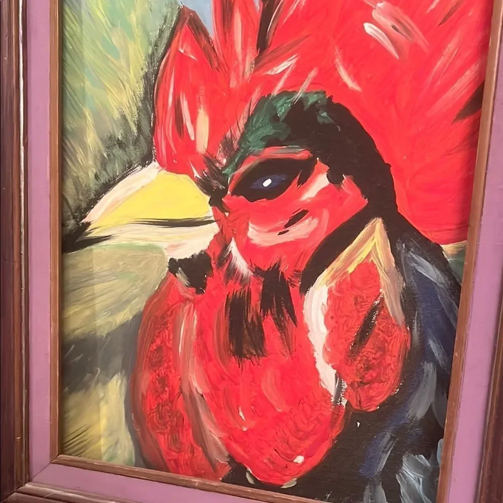 Vibrant Rooster Art Print in Wooden Frame